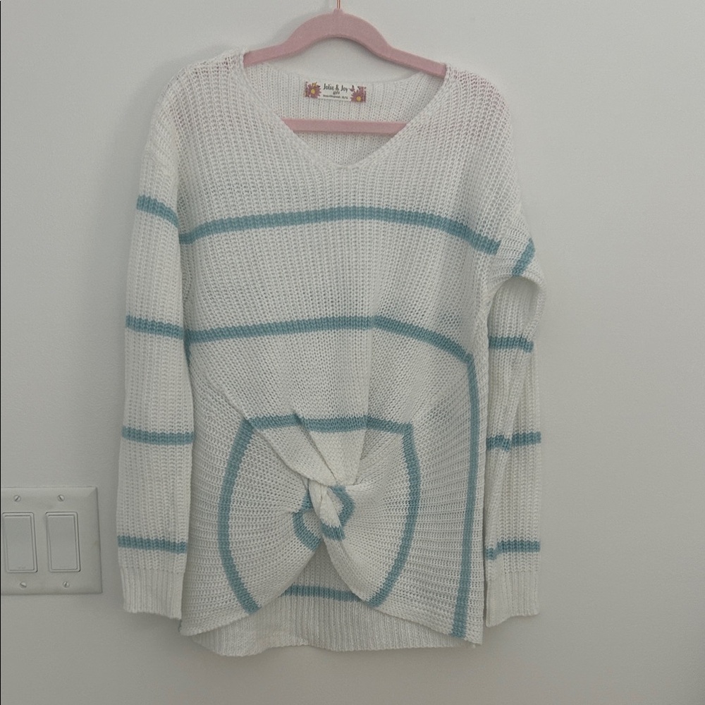 Jolie & Joy Girls White Blue Stripe Knot Front Sweater XL 16